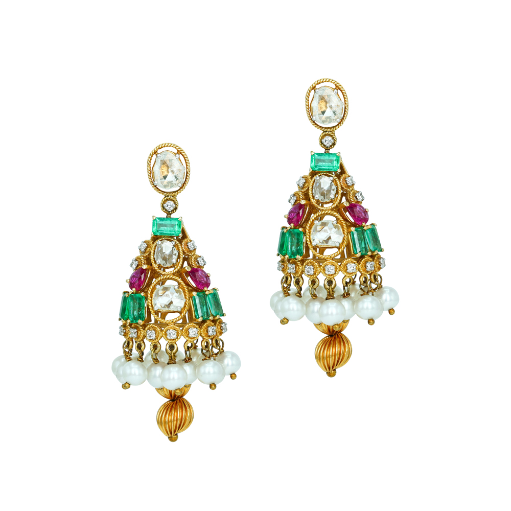 Tiered Polki Jhumkas with Emerald Colour Stone, Ruby, and Pearls